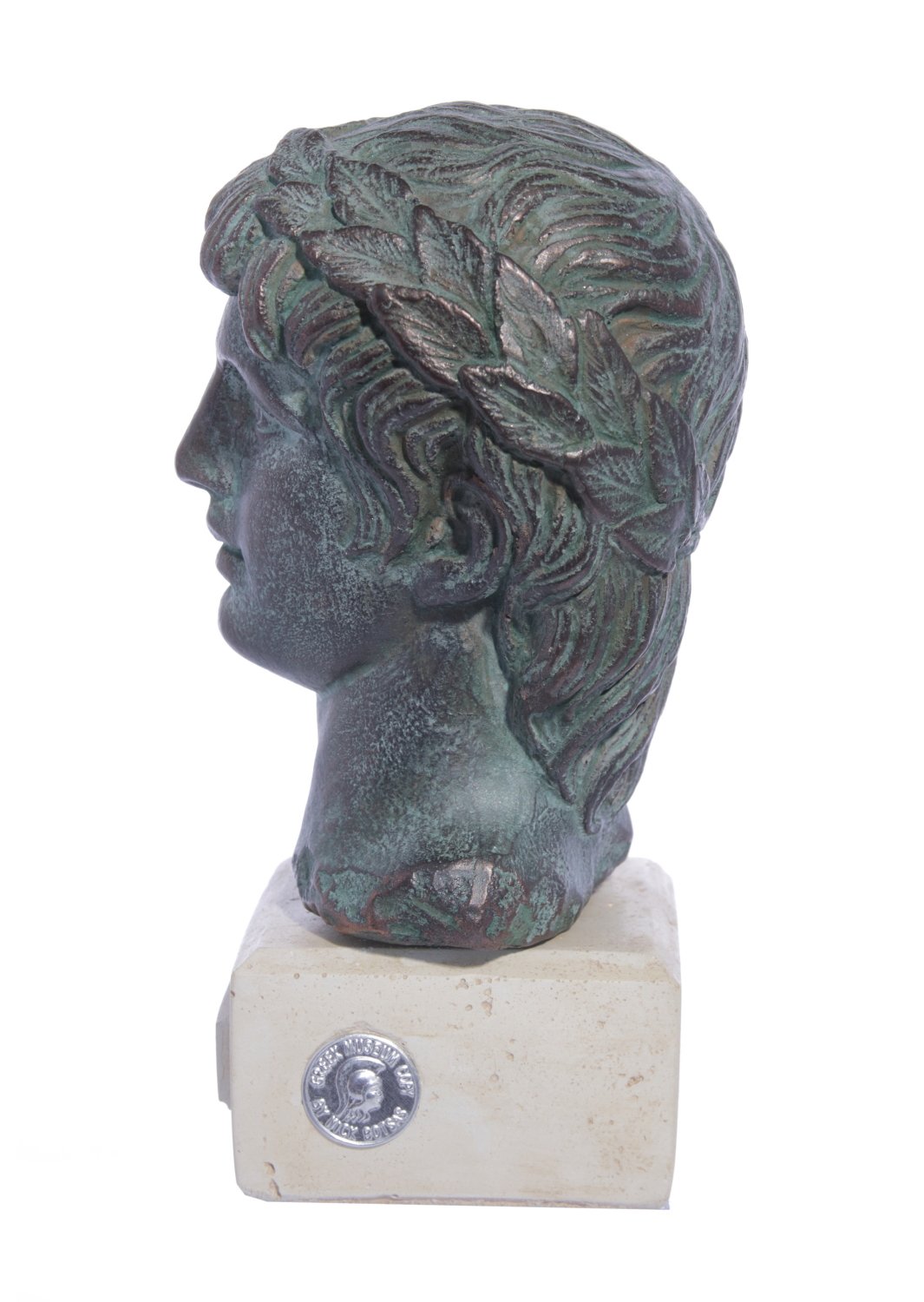Green greek plaster bust statue of Apollo